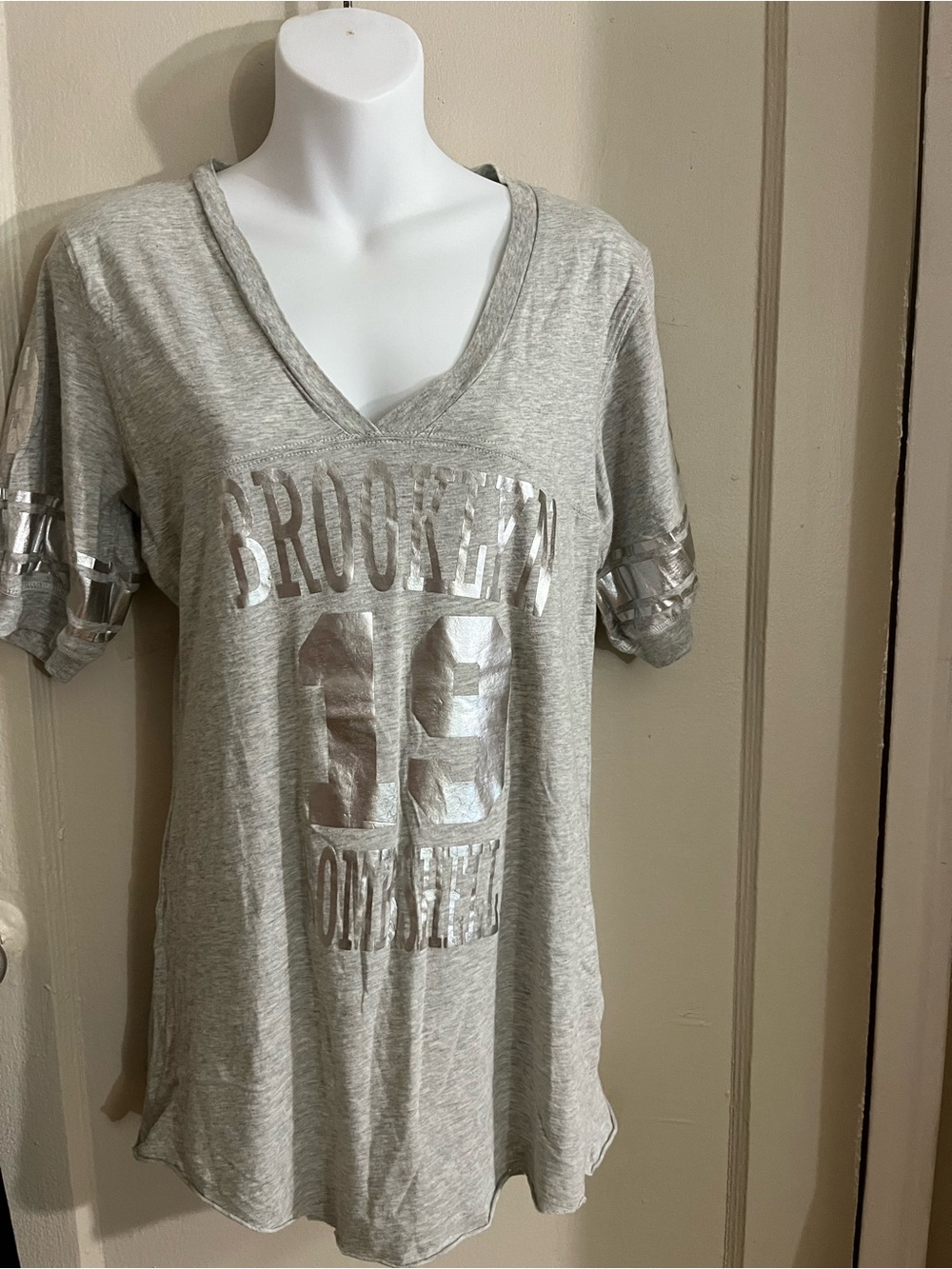 Silver Metallic Graphic V-Neck Women's Top